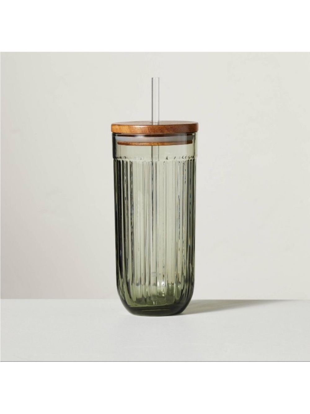 Hearth & Hand 21oz Green Fluted Glass Tumbler with Wood Lid NEW